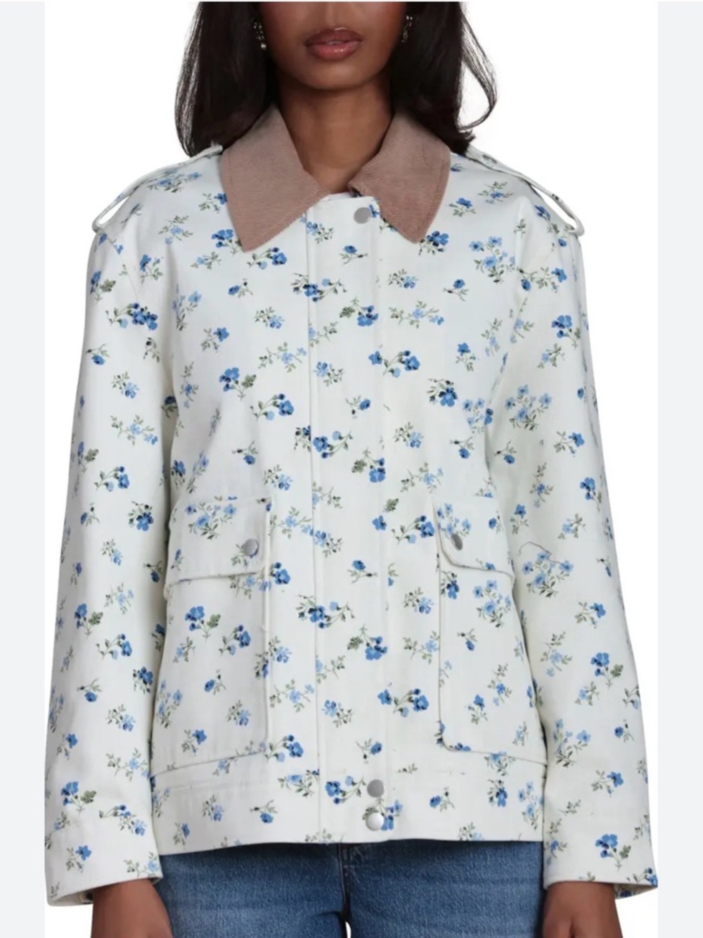 Bagatelle oversized Mixed Media Twill Floral Print Denim Jacket size small - Picture 2 of 15